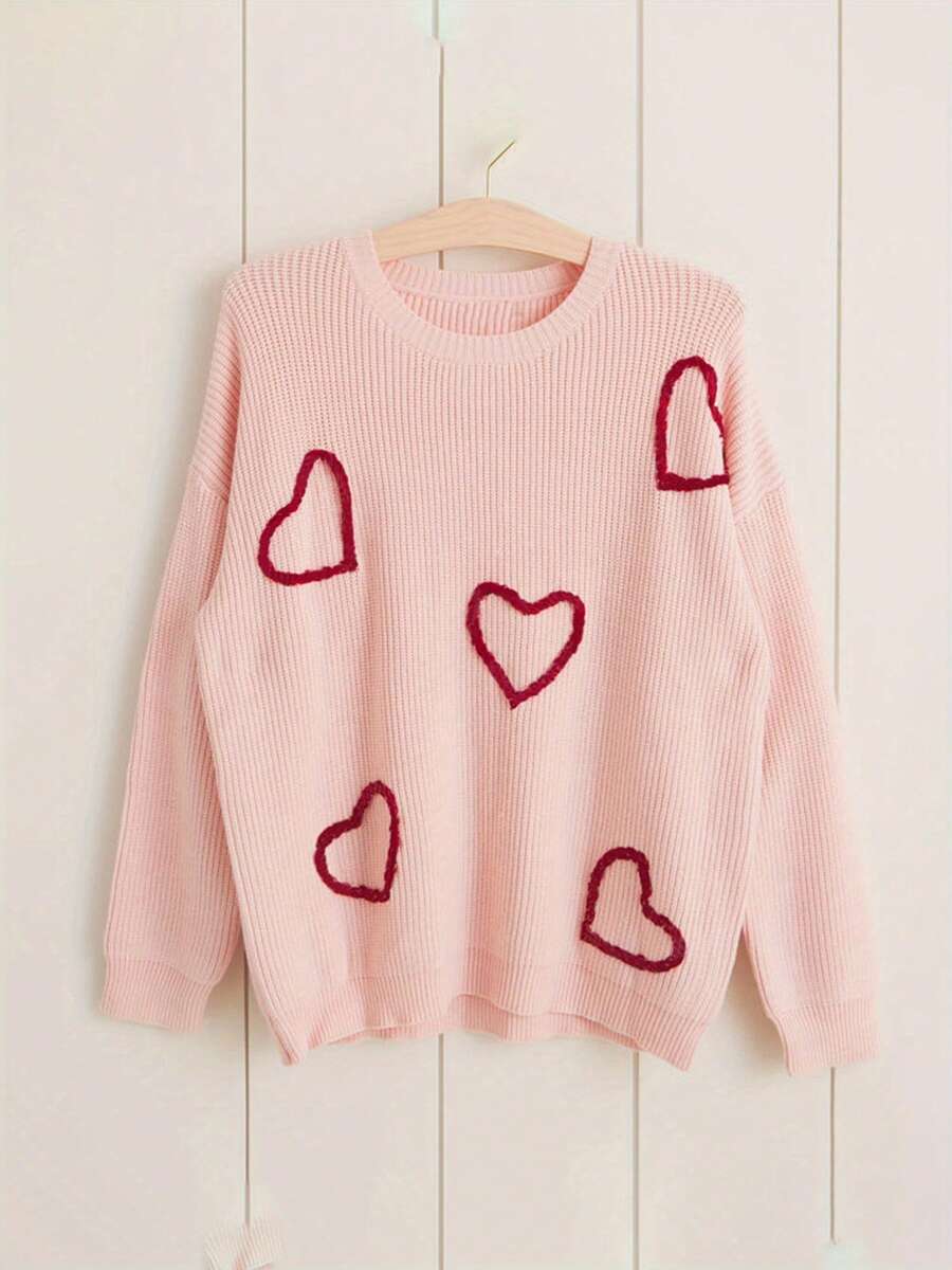 Women Matching Sweaters Heart/Letter Pattern Long Sleeve Round Neck Knit Pullover