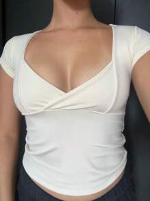 Short Sleeve V-Neck Blouse Polyamide Summer Fashion Aesthetic Coquette - Crema - Ver 5