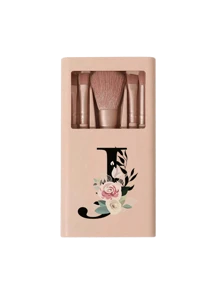 5件套便携式化妆刷套装，带镜子，花卉图案及A-Z字母，盒装化妆刷套装，多功能化妆刷套装，带镜盒，迷你多功能化妆笔，粉底刷，眼影刷，新手化妆工具，混合化妆刷收纳盒，化妆刷套装，方便携带，送给女孩的礼物，化妆工具套装，理想礼物，便携式旅行必备品，赠品，专业化妆刷，完整化妆套装 - 卡其色 - 查看 18