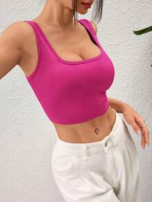 Conjunto de 2 piezas de top sin mangas de color rosa azul sólido, camiseta corta acanalada de verano versátil y casual para llevar por debajo