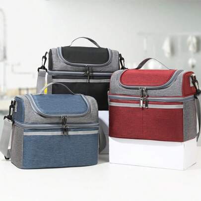 1pc Oxford Cloth Dual-Layer Lunch Bag, Solid Color Minimalist Insulated Bag, Crossbody Or Handheld, Portable Lunch Box Cooler Bag, Suitable For Restaurant, Kitchen, Daily Work And Commute, Summer Outdoor Food Bag, Picnic Camping Bag
