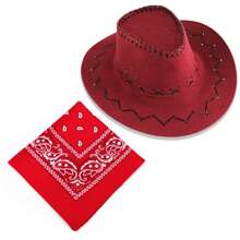 1/2X COWBOY HAT AND BANDANA WILD WESTERN FANCY DRESS COSTUME ACCESSORY - Dark Red - View 2