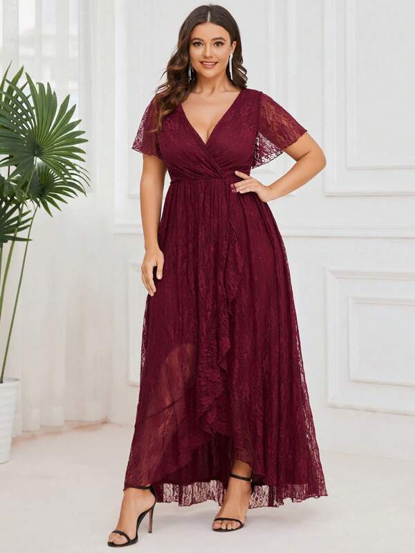 EVERPRETTY Plus Size V Neck Short Sleeves Pleated High Low Mother Of Bride Lace Dresses