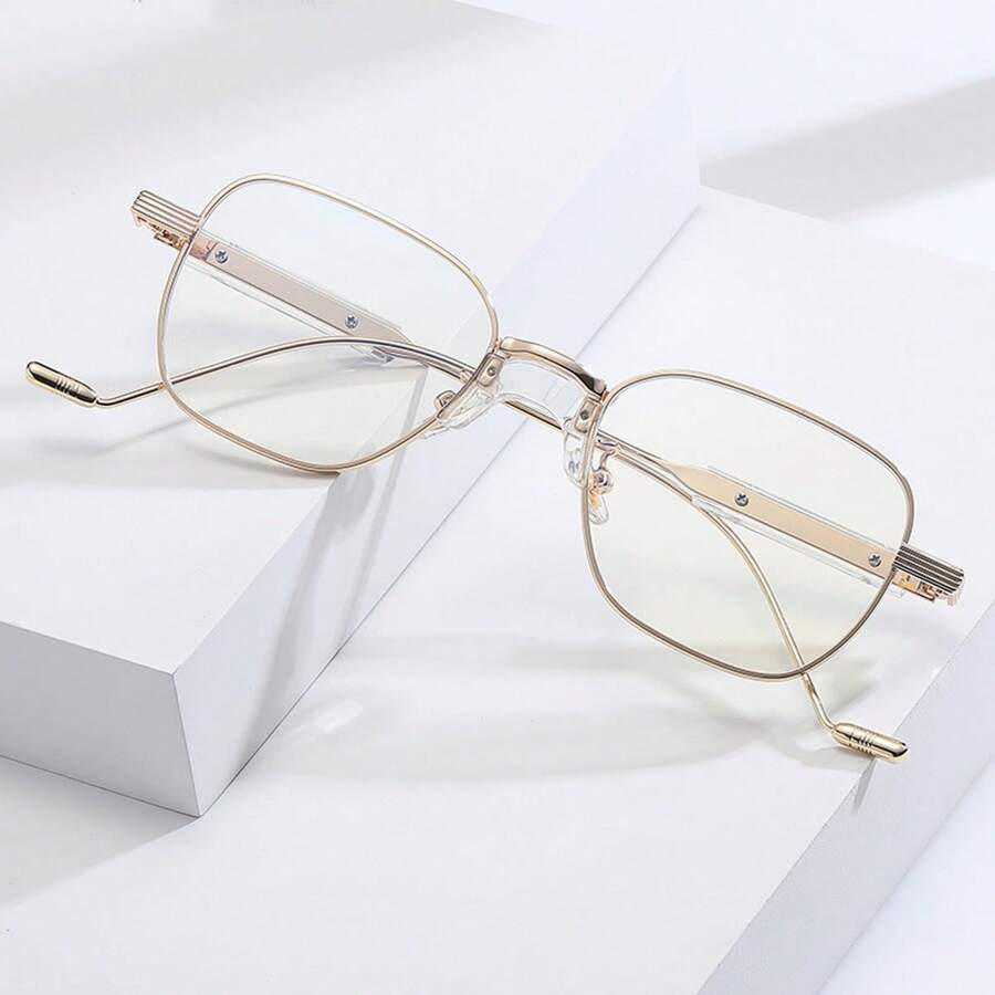1pc Women's Fashion Metal Frame Eyeglasses With White Lenses, Suitable For Casual Wear - Gold Frame - View 1