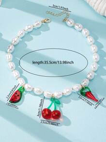 1pc Summer Cherry Charm Necklace, Boho Faux Pearl Beaded Necklace With Chili, Watermelon, Strawberry Charms, Handmade Jewelry For Women (Color And Shape May Vary)