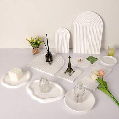 硅胶模具 DIY波浪条纹几何扁平托盘收纳展示装饰杯垫 石膏/粘土硅胶模具