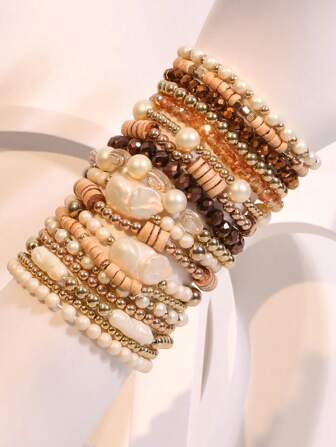 18pcs Baroque Asymmetrical Pearl, Crystal & Shell Boho Layered Bracelet For Women, Suitable For Beach Vacation