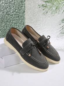 2025 秋季女士四季仿麂皮一脚蹬乐福鞋，休闲鞋，舒适平底芭蕾鞋 - 深灰色 - 查看 5