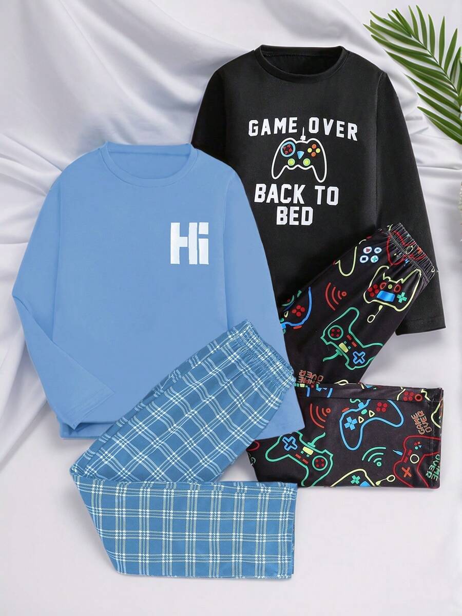 4-Piece Fashion Casual Boys Loungewear Set, Long Sleeve Top With Letter And Game Console Print, Paired With Black And White Plaid And All-Over Game Console Print Comfortable Pants, Multi-Piece Set, Suitable For 4 Seasons Daily Casual Home Wear - Multicolor - View 1