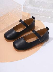 1 Pair Girls' Black Flat Shoes, Pu Hook And Loop Adjustable Size Design Round Toe TPR Non-Slip Lightweight Comfortable Solid Color Fashion Ballet Flats, Suitable For 5-14 Years Old Elementary & Middle School Students, All Season School, Formal Occasions, Performances - Black - View 7
