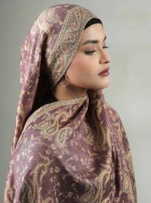 1 件装 女士 Abaya 配饰 时尚印花提花头巾 Pashmina 披肩围巾面纱，带印花图案，适合日常使用 - 嫩粉紫色 - 查看 2