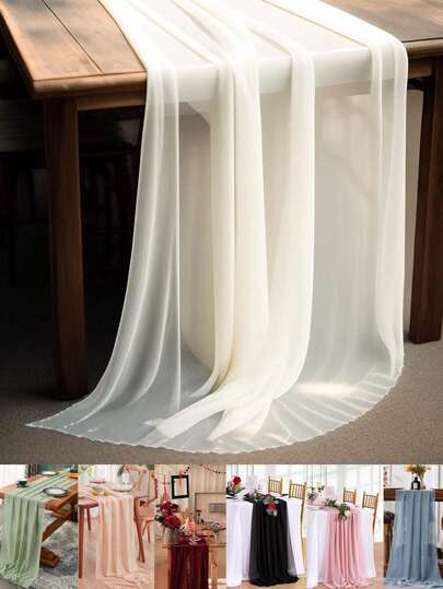1 件 30x300cm/70x300cm/70*600cm 雪纺桌布，乡村风格半透明桌布，适用于婚礼、新娘派对、生日派对、餐桌装饰