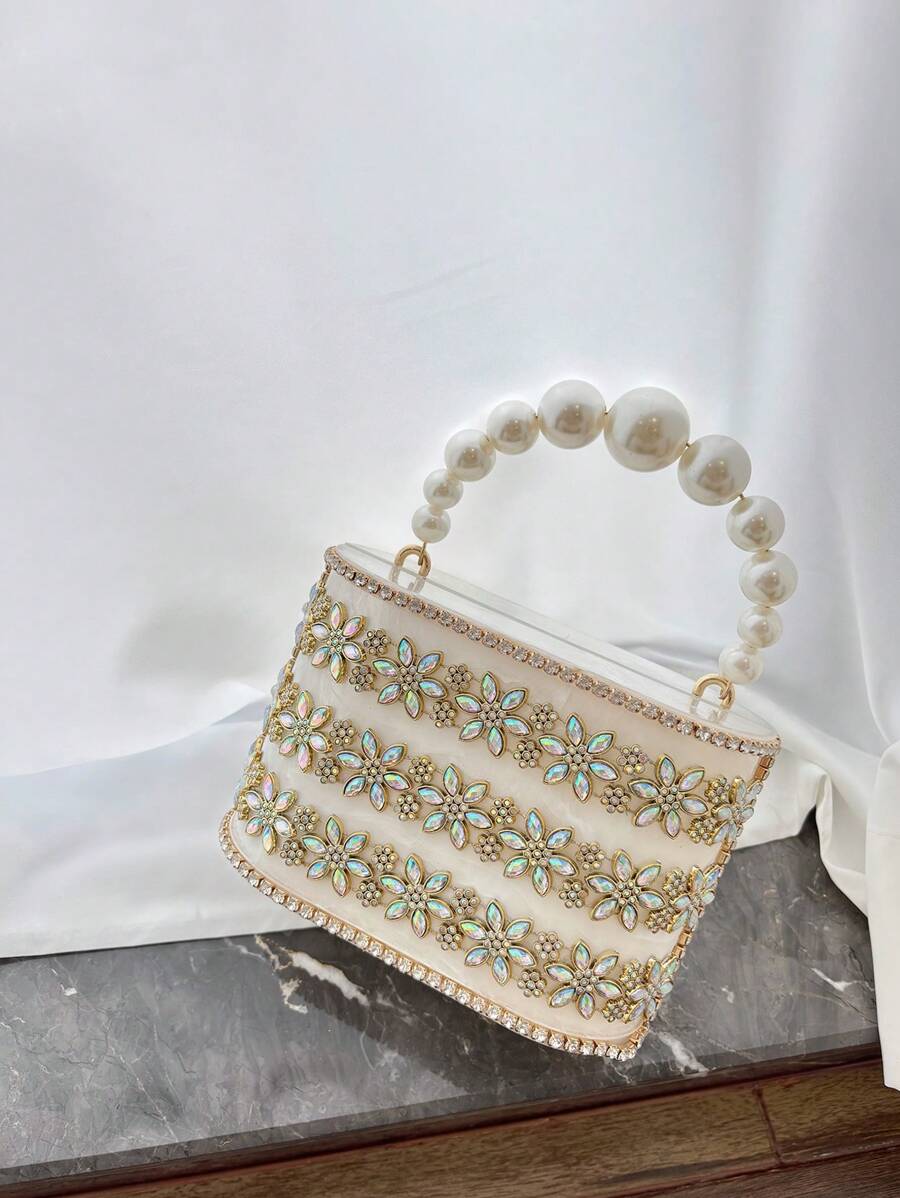 1pc Apricot Bucket Style Acrylic Handbag With Rhinestone Metal Hardware And Pearls, Suitable For Attending Evening Parties And Balls - Beige - View 1
