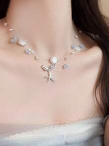 1pc Multi-Layer Seashell & Starfish Pendant Necklace, Resin & Metal Material, Fresh Ocean Style, Suitable For Women, Beach Holiday And Daily Wear - Multicolor - View 10