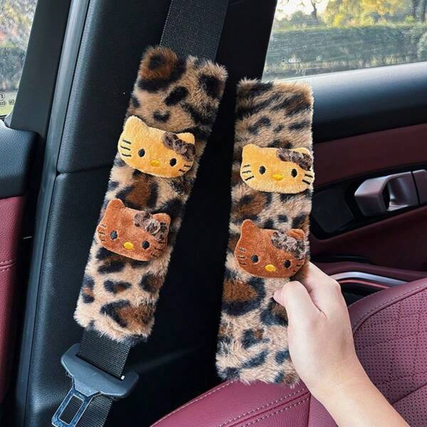 Sanrio Funda protectora para cinturón de coche con diseño de leopardo y Hello Kitty, funda de cinturón de coche adorable, de moda/hermosa/amigable con la piel/sedosa, que aporta calidez a tu coche