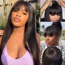 Body Wave Wigs With Bangs Human Hair Wigs For  Women None Lace Front Wigs 200% Density Brazilian Virgin Hair Glueless Machine Made Wig Natural Color(18-38 Inch, Body Wave) - S1 - 查看 3