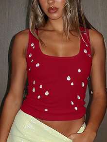 女士水钻装饰露背短款上衣，性感紧身