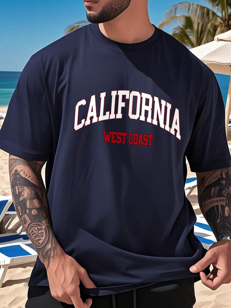 男士字母印花圆领短袖休闲 T 恤 - 藏蓝色 - 查看 1