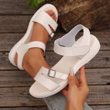 Simple Soft Bottom Roman Sandals, Fashion Students Flat Ladies Sandals, Plus Size Solid Color Buckle Daily Wear Hollow Asymmetrical Design Women Sandals - White - View 3