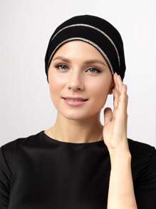 1件装女士纯色水钻内衬头巾，弹性发带设计，内衬头巾，优雅时尚，适合日常佩戴和祈祷时穿着。 - 雙排燙鑽綁帶帽 - 查看 3