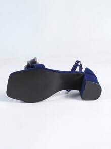 Qin TiNian Women's Square Toe Floral High Heel Sandals, 6.5CM Stiletto, Elegant Navy Blue Wedding/Party Mid-Thick Heel Ankle Strap Shoes, Spring/Summer New Fashion - Royal Blue - View 10