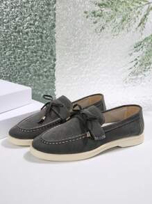 2025 秋季女士四季仿麂皮一脚蹬乐福鞋，休闲鞋，舒适平底芭蕾鞋 - 深灰色 - 查看 6