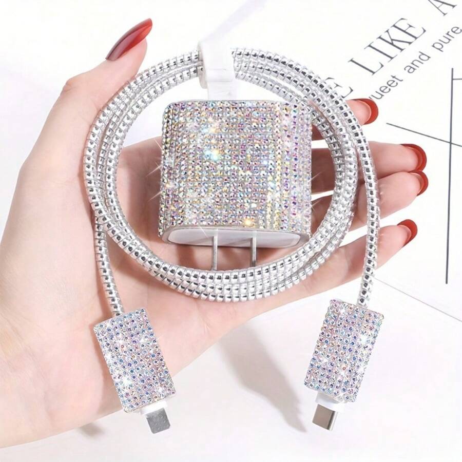 Set da 5 pezzi di accessori luccicanti per ricarica, compatibili con 11/12/13/14, include adesivo con brillantini, organizer per cavi, protezione per cavi - realizzati in TPU, compatibili con caricabatterie Apple 18W/20W