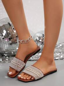 Women's One-Toe Strap Rhinestone Embellished Casual Sandals, Outdoor Plastic Flat Slippers - Brown - View 2