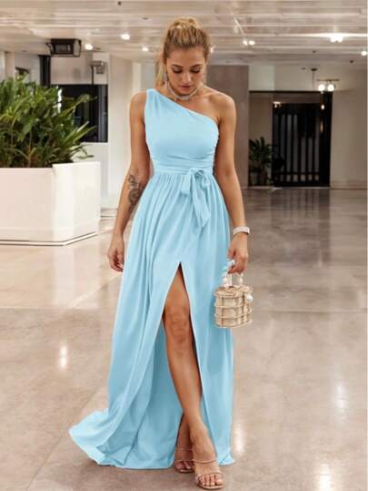 Vestido Largo Elegante Hombro asimétrico y Descubierto Abertura en la Pierna con detalle de cinturón para Mujer