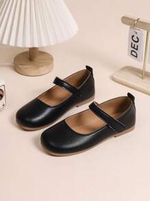 1 Pair Black Girls Flat Shoes, PU Hook And Loop Adjustable Round Toe TPR Non-Slip Comfortable Lightweight Solid Color Dance Shoes/Ballet Flats, Suitable For 5-14 Years Old Elementary & Middle School Students, Campus, Festival Activities And Indoor/Outdoor Casual Wear In All Seasons - Black - View 5