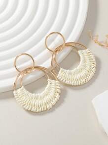 1 Pair Bohemian Style Resort Rattan Round Earrings In Ivory White, Fuchsia, And Orange, Hand-Woven, Fashionable For Women, Suitable For Daily Wear