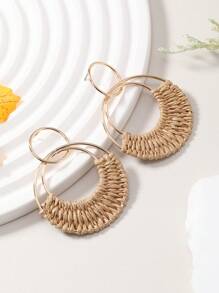 1 Pair Bohemian Style Resort Rattan Round Earrings In Ivory White, Fuchsia, And Orange, Hand-Woven, Fashionable For Women, Suitable For Daily Wear