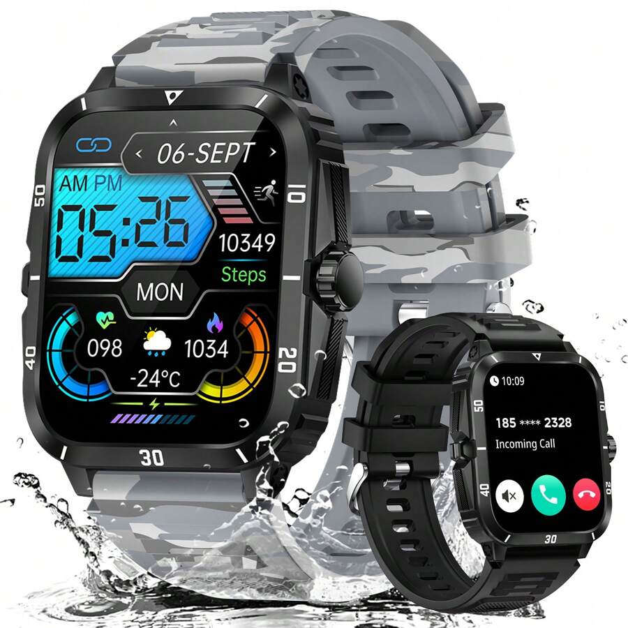 EIGIIS Reloj inteligente para hombres resistente al agua 3ATM con pantalla grande de 1,96'', smartwatch deportivo resistente con rastreador de fitness de 430mAh, monitor de sueño y función de respuesta de llamadas para iOS y Android - Carcasa negra de plástico negro + gris camuflaje - Ver 1