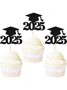 24/12 件/6 件黑色闪光“2025 届”纸杯蛋糕装饰，毕业派对装饰品，蛋糕装饰用品 - 彩色 - 查看 7