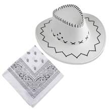 1/2X COWBOY HAT AND BANDANA WILD WESTERN FANCY DRESS COSTUME ACCESSORY - White - View 2