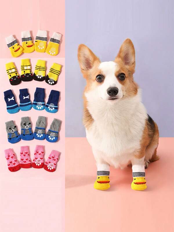 4 Stücke/Set Winterwarme Hunde Socken rutschfest Haustierschuhe Socken für kleine und mittlere Hunde, weich und atmungsaktiv, Chihuahua Teddy Welpen Fußabdeckung