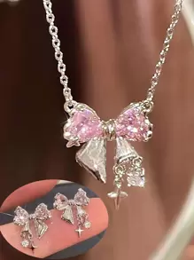 3 件闪亮粉色方晶锆石蝴蝶结爱心吊坠项链和耳环，优雅简约珠宝套装，情人节礼物，妈妈，母亲，母亲节，礼物 - 飾品套裝 - 查看 1