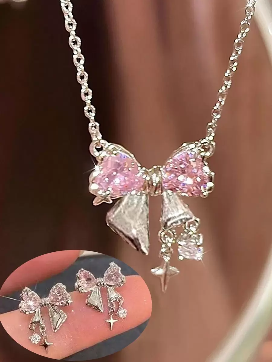 3 件闪亮粉色方晶锆石蝴蝶结爱心吊坠项链和耳环，优雅简约珠宝套装，情人节礼物，妈妈，母亲，母亲节，礼物 - 飾品套裝 - 查看 1