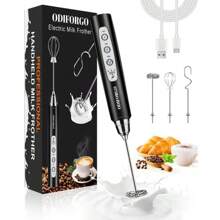 ODIFORGO Milk Frother Handheld With 3 Heads, Mix Fruit Juice Powder,Prebiotic Powder,Electric Whisk Drink Foam Mixer With USB Rechargeable 3 Speeds, Mini Frother For Coffee Latte, Cappuccino, Hot Chocolate, Egg - Black