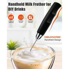ODIFORGO Milk Frother Handheld With 3 Heads, Mix Fruit Juice Powder,Prebiotic Powder,Electric Whisk Drink Foam Mixer With USB Rechargeable 3 Speeds, Mini Frother For Coffee Latte, Cappuccino, Hot Chocolate, Egg - Black