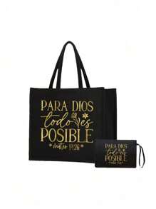 2pcs Black Linen Set With Metal Flower & Letter Graphic, Personalized Gift For Wedding Anniversary And Friend's Birthday; Women's Fashion Canvas Tote Bag With Button, Thick Linen Material, Suitable For Shopping