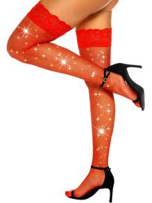 1 Pair Sexy Women's Thigh High Stockings With Rhinestone Glitter Fishnet Lace Top And Silicone Band, Y2k - Multicolor - View 6