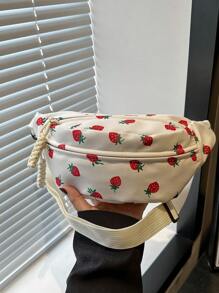 Nylon Crossbody Bag, Solid Color Shoulder Bag, Women's Casual Sling Purse For Outdoor Sports, Strawberry Pattern - White - View 10