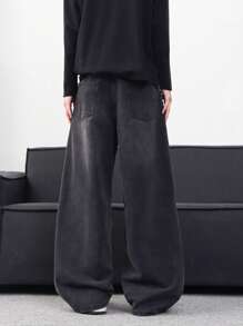 Hearty Haven 1pc Casual Loose Fit Vintage Washed Wide Leg Men's Jeans - Black - View 8
