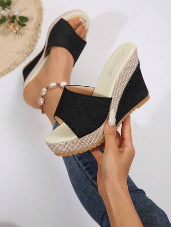Popular Solid Color Women Platform Wedge Sandals, Open Toe, High Heel, Versatile For Party/Catwalk, Slip-On Slouchy Shoes, Student/Women Shoes