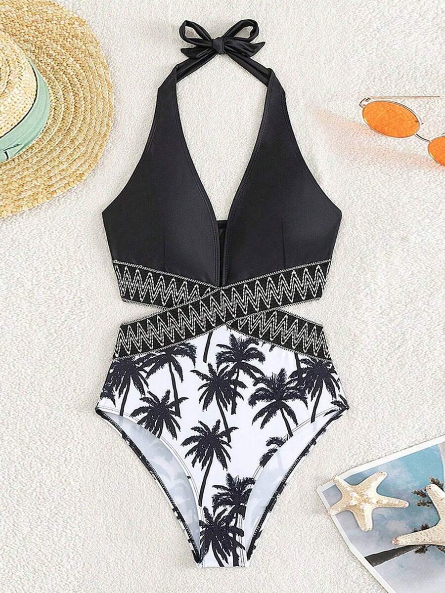 Womens Swimsuits Palm Tree Print Monokini Bathing Suit Beach Wear - Black - View 1