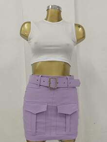 Cargo Skirt With Belt In Gabardine. - Lilac Purple - View 2