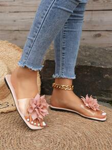 Women's Clear Strap Square Toe Floral Casual Versatile Flat Sandals - Pink - View 6
