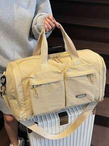 Fashionable Solid Color Unisex Large Capacity Multi-Pocket Handbag, Functional Shoe Compartment & Wet/Dry Separation Storage Bag, Versatile For Travel, Gym, Outdoor, Vacation - Khaki - View 12