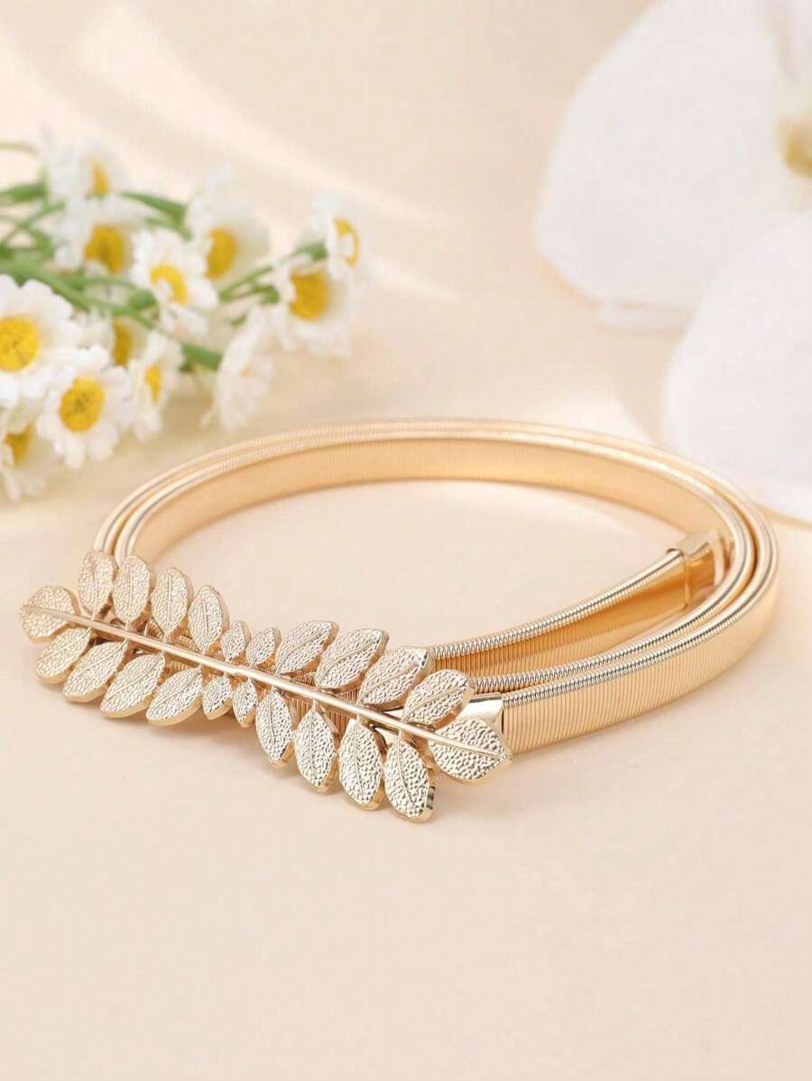 1pc Women's Fashion Versatile Gold/Silver Leaf Elastic Waist Belt